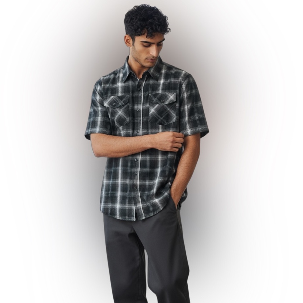 Burnside Mens Short Sleeve Button Down Shirt Active Surfer Skater Black Plaid M